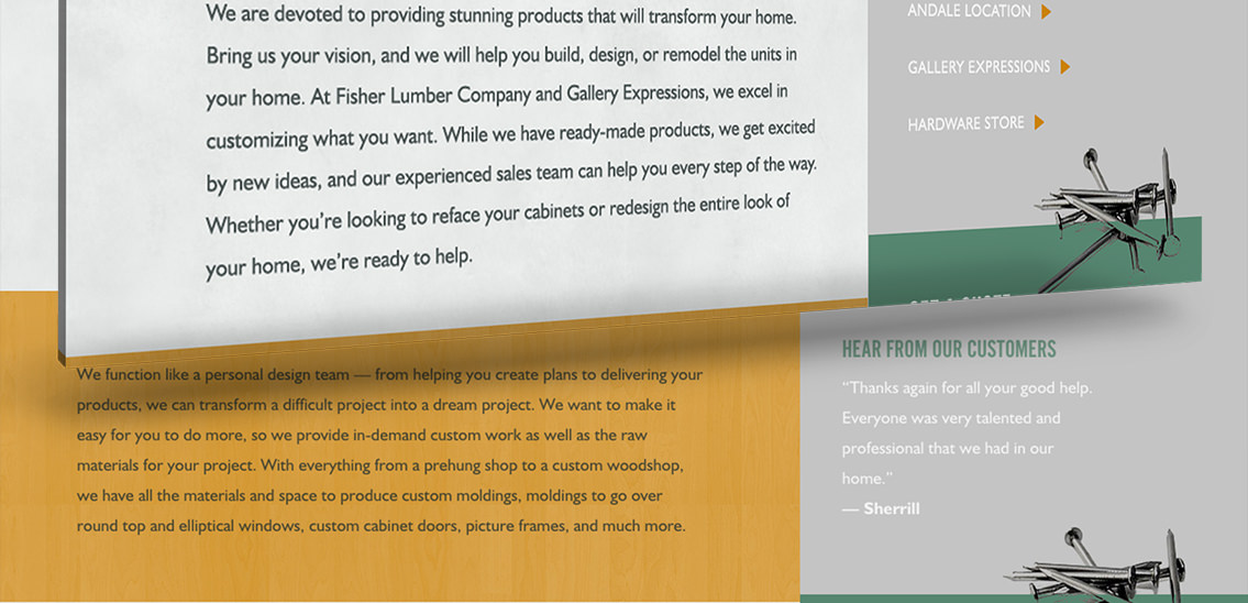 Close-up of client testimonials for Fisher Lumber.